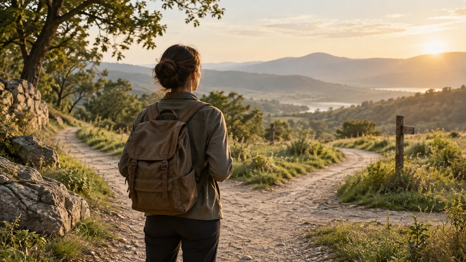 Personne à la croisée de deux chemins au lever du soleil