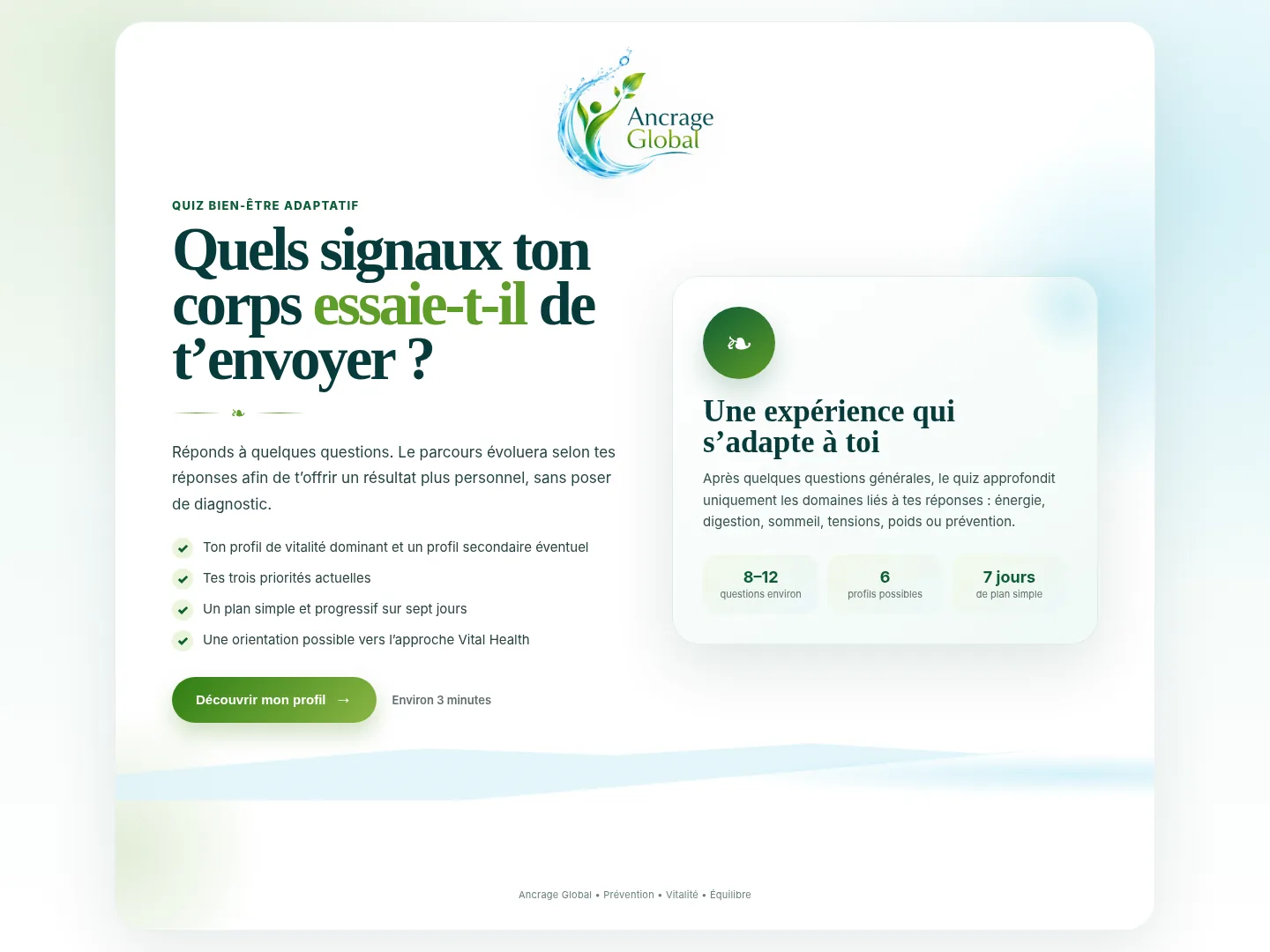 Aperçu du quiz bien-être adaptatif Ancrage Global